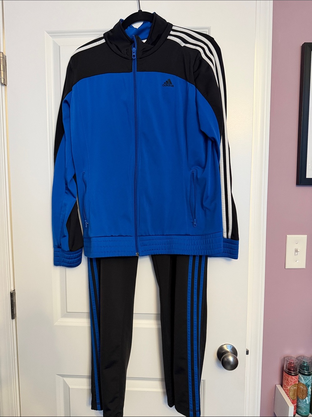 Women’s Adidas Black and Blue Three-Stripe Track Jacket and Pants Size L
